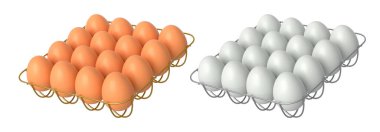 Beyaz şeffaf arkaplanda izole edilmiş beyaz ve kahverengi yumurtalarla dolu metal tepsiler. Yumurta çeşitliliği ve gıda endüstrisi kavramı