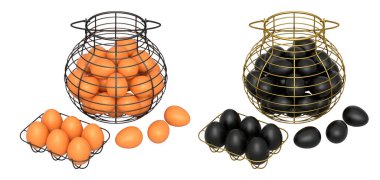 Yumurtalarla dolu kablo sepetleri, beyaz şeffaf arka planda izole edilmiş, mutfak depolama kavramı.
