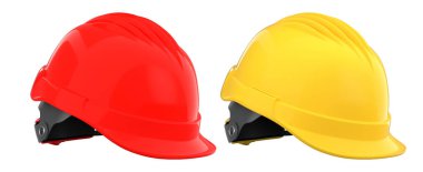 Güvenlik ve sanayi standartlarını sembolize eden, beyaz şeffaf arka plana izole edilmiş bir dizi inşaat kaskı.