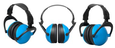 Kırpma yolu, işitme koruması ve inşaat araçları kavramına sahip beyaz bir arkaplanda izole edilmiş renkli koruyucu kulaklık seti