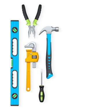 Testere, tornavida, çekiç, ingiliz anahtarı, pense gibi çeşitli el aletleri ve kesme yolu ile beyaz arkaplanda izole edilmiş seviye.