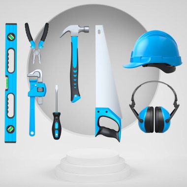 Endüstriyel çalışma ve koruma kavramını temsil eden, soyut arka planda podyum üzerinde yüzen çeşitli inşaat araçları ve güvenlik ekipmanları