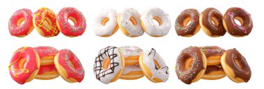 Beyaz şeffaf arka planda renkli kremalı, serpiştirilmiş ve çikolatalı çeşitli çörekler. 3D görüntüleme ve tatlı çeşitliliği