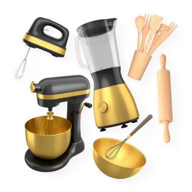 Mutfak aletleri ve mutfak aletleri, karıştırıcı, blender ve ahşap aletler dahil, beyaz arka planda izole edilmiş, pişirme araçları kavramı