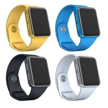 Beyaz arka planda izole edilmiş siyah ekranlı ve lastik kayışlı bir grup akıllı adam. Teknoloji tarzını gösteriyor..