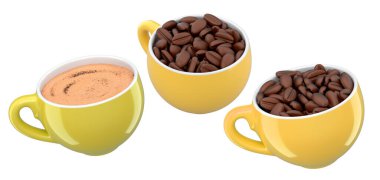 Kavrulmuş kahve çekirdekleri ile dolu seramik kahve fincanları, parlak stili, beyaz arka planda izole edilmiş, kafein kavramı.