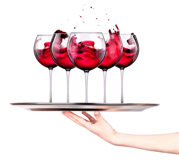 Waitress holding tray with wine glasses — Stock Photo, Image