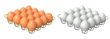 Beyaz şeffaf arkaplanda izole edilmiş beyaz ve kahverengi yumurtalarla dolu metal tepsiler. Yumurta çeşitliliği ve gıda endüstrisi kavramı