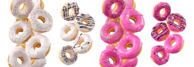 Beyaz şeffaf arka planda renkli kremalı, serpiştirilmiş ve çikolatalı çeşitli çörekler. 3D görüntüleme ve tatlı çeşitliliği