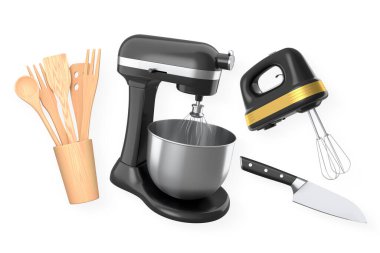 Mutfak gereçleri, karıştırıcı, el blenderi ve beyaz arka planda izole edilmiş bıçak, pişirme aletleri konsepti.