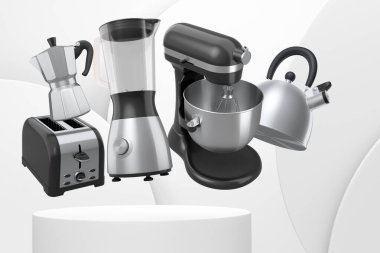 Soyut arka planda podyum üzerinde blender, tost makinesi, su ısıtıcısı ve kahve makinesi gibi çeşitli mutfak aletleri..