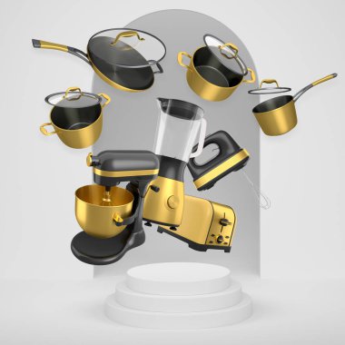 Soyut zemin ve podyuma karşı yüzen çeşitli mutfak aletleri ve yemek malzemeleri modern mutfak aletleri konseptini gözler önüne seriyor.