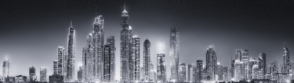 The beauty panorama of skyscrapers in Dubai Marina. black and white, UAE