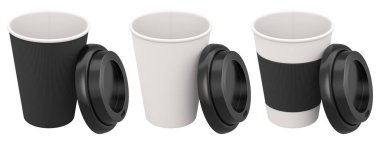 Kapaklı kahve fincanları, beyaz arka planda izole edilmiş, içecek konsepti..