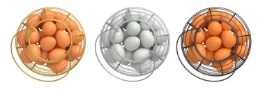 Yumurtalarla dolu kablo sepetleri, beyaz şeffaf arka planda izole edilmiş, mutfak depolama kavramı.