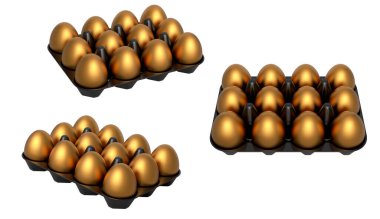 Plastik tepsiler düzgünce istiflenmiş altın yumurtalarla dolu, beyaz şeffaf arka planda izole edilmiş. Yumurta çeşitliliği ve gıda endüstrisi kavramı