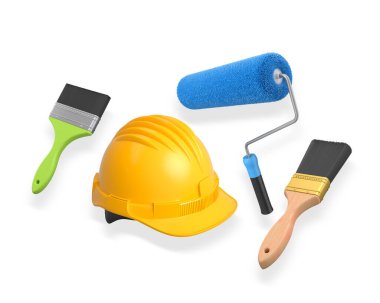 Beyaz arka planda izole edilmiş boya fırçalı ve silindirli güvenlik kaskı. Resim, yenileme ve inşaat kavramı