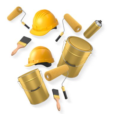 İnşaat miğferi, boya silindiri, fırça ve boya kovası kırpma yolu ile izole edilmiş, boyama ve yenileme araçlarını temsil eden beyaz zemin