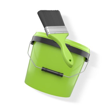 Metal saplı plastik boya kovası ve beyaz arka planda izole edilmiş boya fırçası kırpma yolu, boya araçları kavramı