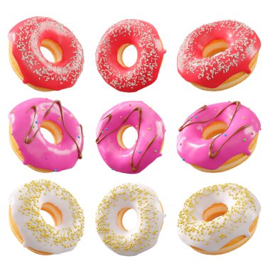 Beyaz şeffaf arka planda renkli kremalı, serpiştirilmiş ve çikolatalı çeşitli çörekler. 3D görüntüleme ve tatlı çeşitliliği