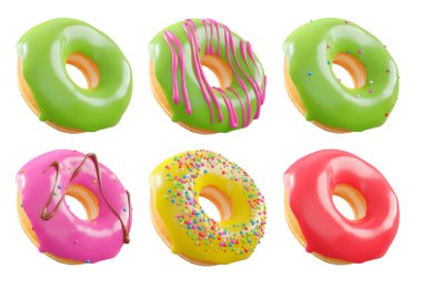 Beyaz şeffaf arka planda renkli kremalı, serpiştirilmiş ve çikolatalı çeşitli çörekler. 3D görüntüleme ve tatlı çeşitliliği