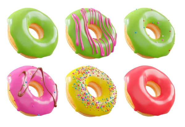 Beyaz şeffaf arka planda renkli kremalı, serpiştirilmiş ve çikolatalı çeşitli çörekler. 3D görüntüleme ve tatlı çeşitliliği