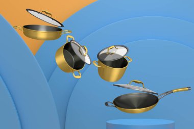 Renkli podyum ve zemin üzerinde, havada süzülen kapaklı mutfak tenceresi seti, premium kap kacak konsepti.
