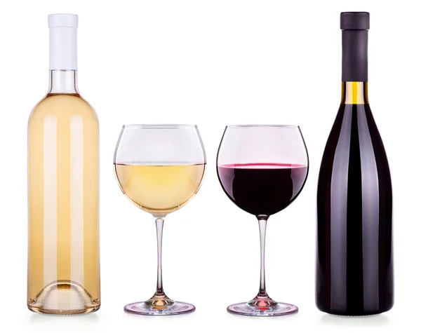 Zestaw z czerwonym i białym kieliszki do wina, butelki — Zdjęcie stockowe