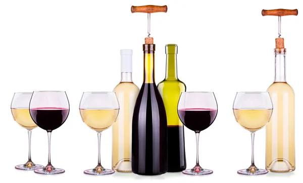 Set de copas de vino tinto y blanco, botellas —  Fotos de Stock