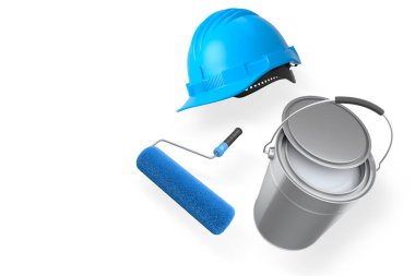 İnşaat miğferi, boya silindiri, fırça ve boya kovası kırpma yolu ile izole edilmiş, boyama ve yenileme araçlarını temsil eden beyaz zemin