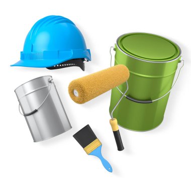 İnşaat miğferi, boya silindiri, fırça ve boya kovası kırpma yolu ile izole edilmiş, boyama ve yenileme araçlarını temsil eden beyaz zemin