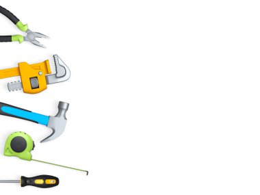 Çekiç, pense, tornavida ve mezura gibi çeşitli inşaat aletleri, kırpma yolu ile beyaz arka planda izole edilmiş, ev onarımı kavramı