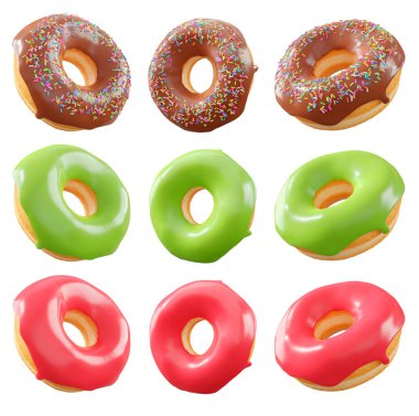 Beyaz şeffaf arka planda renkli kremalı, serpiştirilmiş ve çikolatalı çeşitli çörekler. 3D görüntüleme ve tatlı çeşitliliği