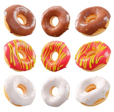 Beyaz şeffaf arka planda renkli kremalı, serpiştirilmiş ve çikolatalı çeşitli çörekler. 3D görüntüleme ve tatlı çeşitliliği