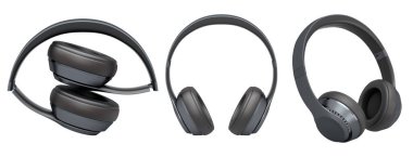 Farklı renklerde kablosuz kulaklıklar, beyaz arka planda izole edilmiş, ses teknolojisi kavramı.