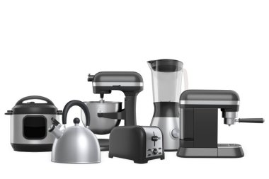 Beyaz arkaplanda, blender, tost makinesi, karıştırıcı, çaydanlık ve fırın gibi modern mutfak gereçleri var.