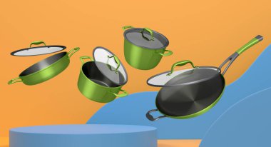 Renkli podyum ve zemin üzerinde, havada süzülen kapaklı mutfak tenceresi seti, premium kap kacak konsepti.