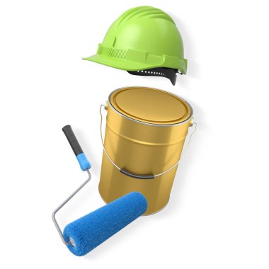 İnşaat miğferi, boya silindiri, fırça ve boya kovası kırpma yolu ile izole edilmiş, boyama ve yenileme araçlarını temsil eden beyaz zemin