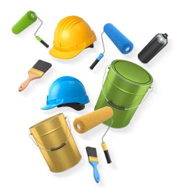 İnşaat miğferi, boya silindiri, fırça ve boya kovası kırpma yolu ile izole edilmiş, boyama ve yenileme araçlarını temsil eden beyaz zemin