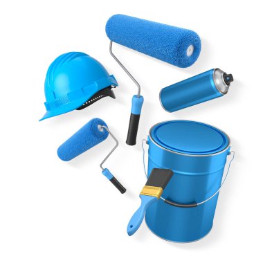 İnşaat miğferi, boya silindiri, fırça ve boya kovası kırpma yolu ile izole edilmiş, boyama ve yenileme araçlarını temsil eden beyaz zemin