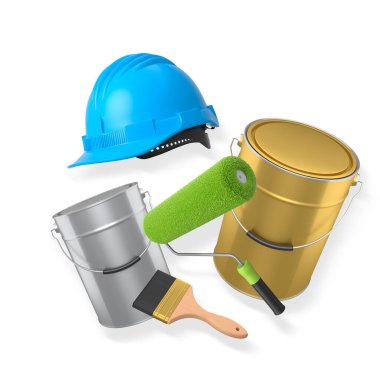 İnşaat miğferi, boya silindiri, fırça ve boya kovası kırpma yolu ile izole edilmiş, boyama ve yenileme araçlarını temsil eden beyaz zemin