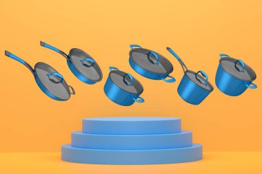 Renkli podyum ve zemin üzerinde, havada süzülen kapaklı mutfak tenceresi seti, premium kap kacak konsepti.