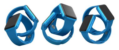 Beyaz arka planda izole edilmiş siyah ekranlı ve lastik kayışlı bir grup akıllı adam. Teknoloji tarzını gösteriyor..