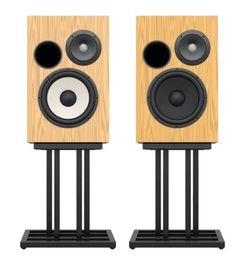 Beyaz arkaplanda farklı bitiş ve koni renklerine sahip şık ahşap hoparlörler seti, ev ses ve müzik ekipmanları kavramı