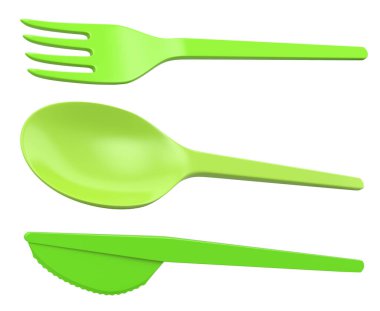 Beyaz arka planda izole edilmiş plastik çatal, bıçak ve kaşık seti, tek kullanımlık sofra takımı konseptini temsil ediyor.