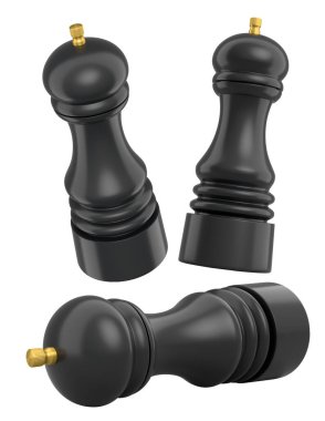 Beyaz arka planda izole edilmiş renkli tuz ve biber öğütücüleri. Mutfak aletleri kavramı..