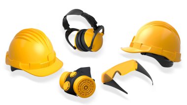 Kask, kulaklık, kablosuz matkap ve gözlük içeren koruyucu ekipmanlar kırpma yolu ile beyaz arka planda izole edilmiş, güvenlik inşaat giysisi konsepti