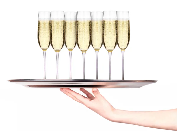 Serveerster houden lade met glazen van champagne — Stockfoto