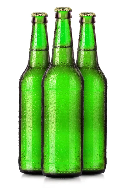 Σύνολο μπουκάλια μπύρες με παγερός σταγόνες απομονωθεί — Φωτογραφία Αρχείου