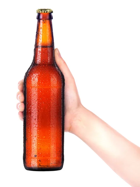 Bottle of beer with man hand making toast isolated on white — Stock Photo, Image